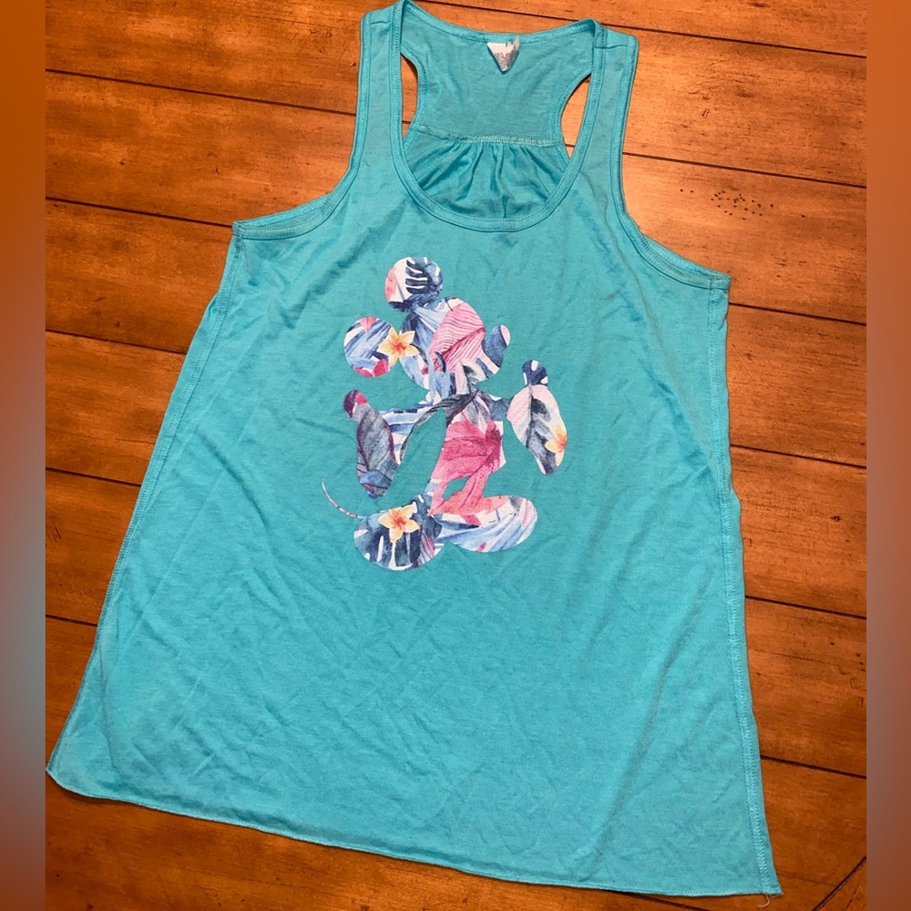Floral Mickey Mouse aqua racerback tank top, size large. EUC